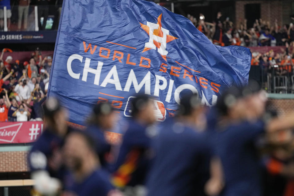 The Houston Astros celebrate their 4-1 World Series win against the Philadelphia Phillies in Game 6 on Saturday, Nov. 5, 2022, in Houston. (AP Photo/Tony Gutierrez)