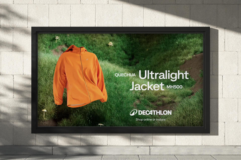 Decathlon new logo in use on a billboard with a rucksack on it