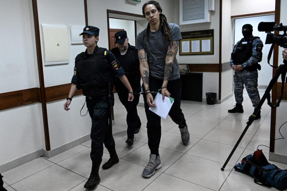 US Women’s National Basketball Association (WNBA) basketball player Brittney Griner, who was detained at Moscow’s Sheremetyevo airport and later charged with illegal possession of cannabis, leaves the courtroom after the court’s verdict in Khimki outside Moscow, on August 4, 2022.(Photo by Kirill KUDRYAVTSEV / AFP) (Photo by KIRILL KUDRYAVTSEV/AFP via Getty Images)