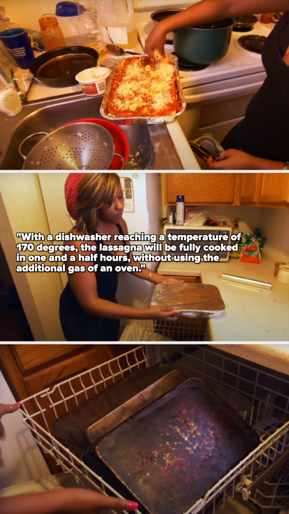 Three images: Top shows lasagna dish, middle features person cooking in a kitchen, and bottom depicts a dirty baking tray in a dishwasher