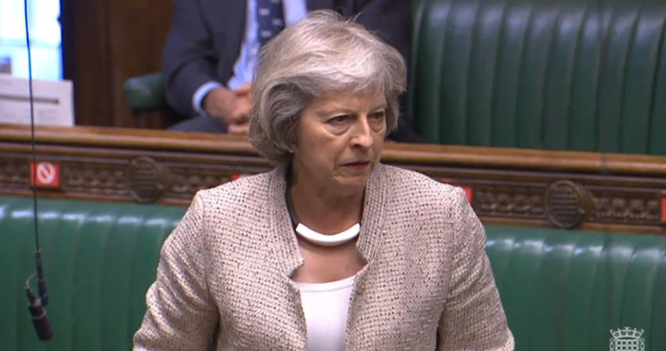 Former prime minister Theresa May asks Cabinet Office minister Michael Gove a question during a session in the House of Commons, London, on the appointment of the National Security Adviser. (Photo by House of Commons/PA Images via Getty Images)