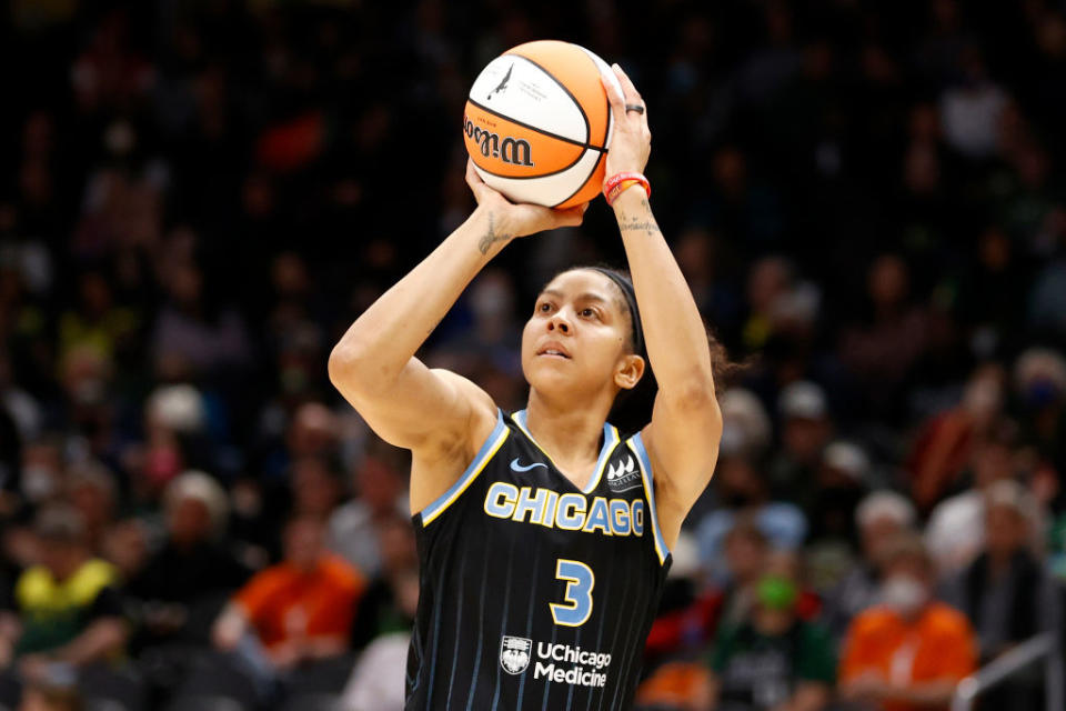 Candace Parker #3 of the Chicago Sky shoots against the Seattle Storm during the first half at Climate Pledge Arena on May 18, 2022<span class="copyright">Steph Chambers/Getty Images</span>