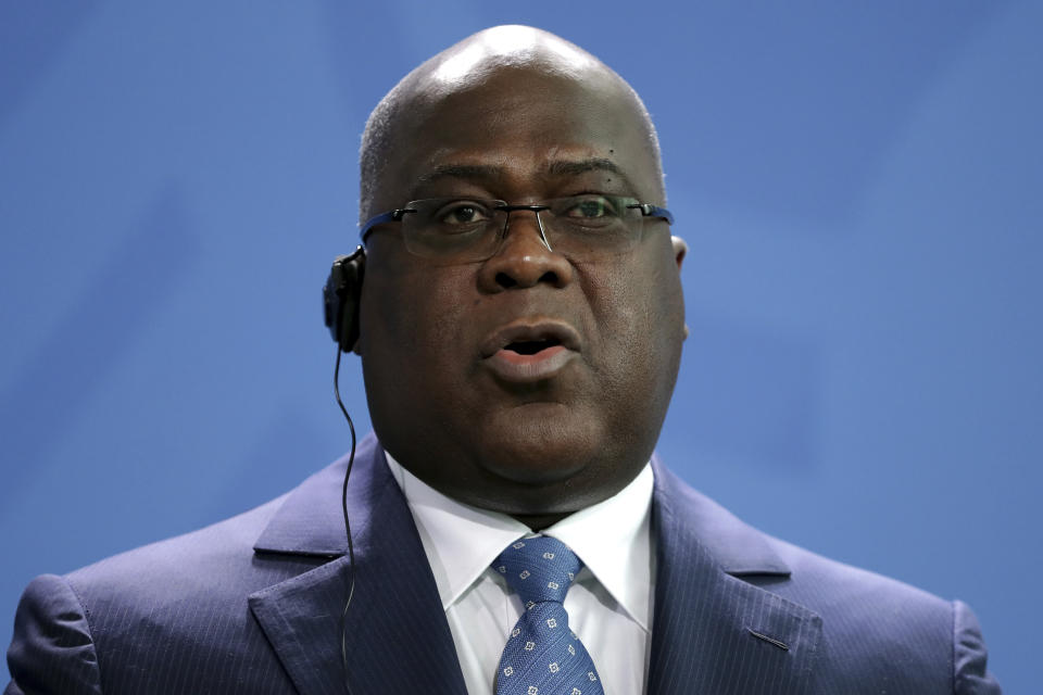 Republic of Congo's President Felix Tshisekedi addresses the media during a joint press conference as part of a meeting with German Chancellor Angela Merkel at the chancellery in Berlin, Germany, Friday, Nov. 15, 2019. (AP Photo/Michael Sohn)