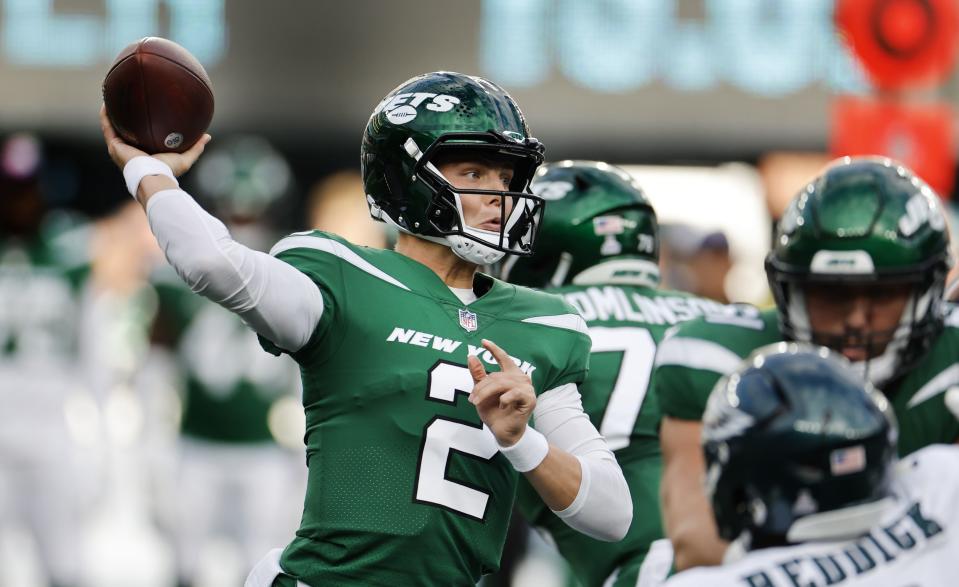 New York Jets quarterback Zach Wilson throws the ball against the Philadelphia Eagles on Sunday, Oct. 15, 2023, in East Rutherford, N.J. The BYU product helped lead the Jets to an upset victory over Philadelphia. | Noah K. Murray, Associated Press