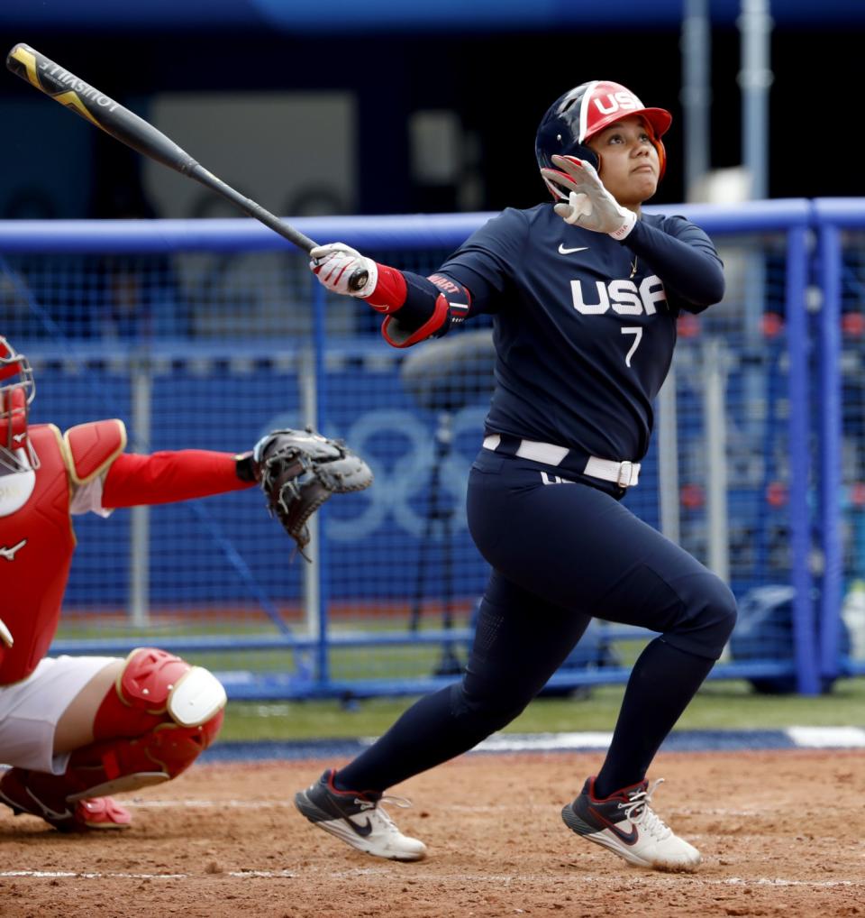 Kelsey Stewart watches her walk-off home run during the seventh inning of a 2-1 U.S. win.