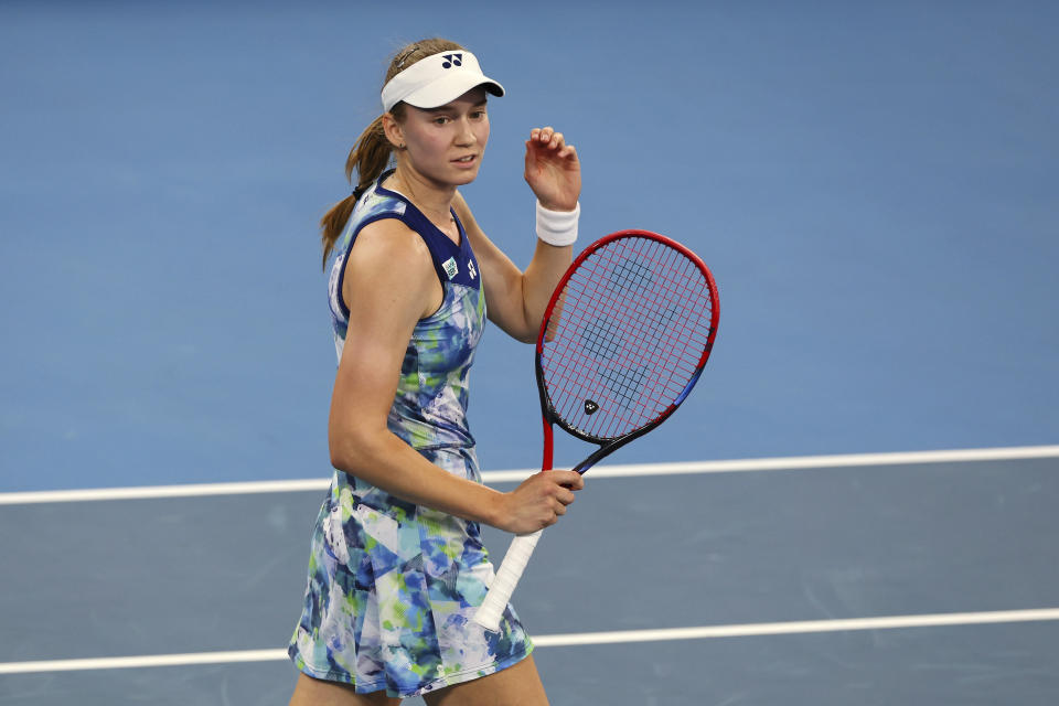 Elena Rybakina of Kazakhstan reacts after she won her final match against Aryna Sabalenka of Belarus during the Brisbane International tennis tournament in Brisbane, Australia, Sunday, Jan. 7, 2024. (AP Photo/Tertius Pickard)