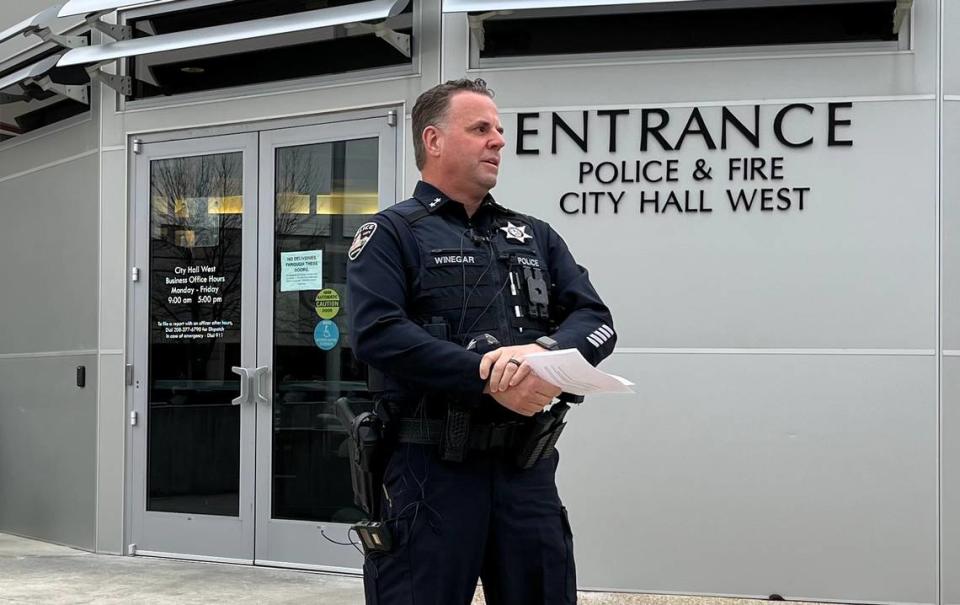 Boise Police Chief Ron Winegar addresses reporters after a police shooting occurred in January 2023. It was one of six police shootings that occurred last year, which Winegar called “six too many.”