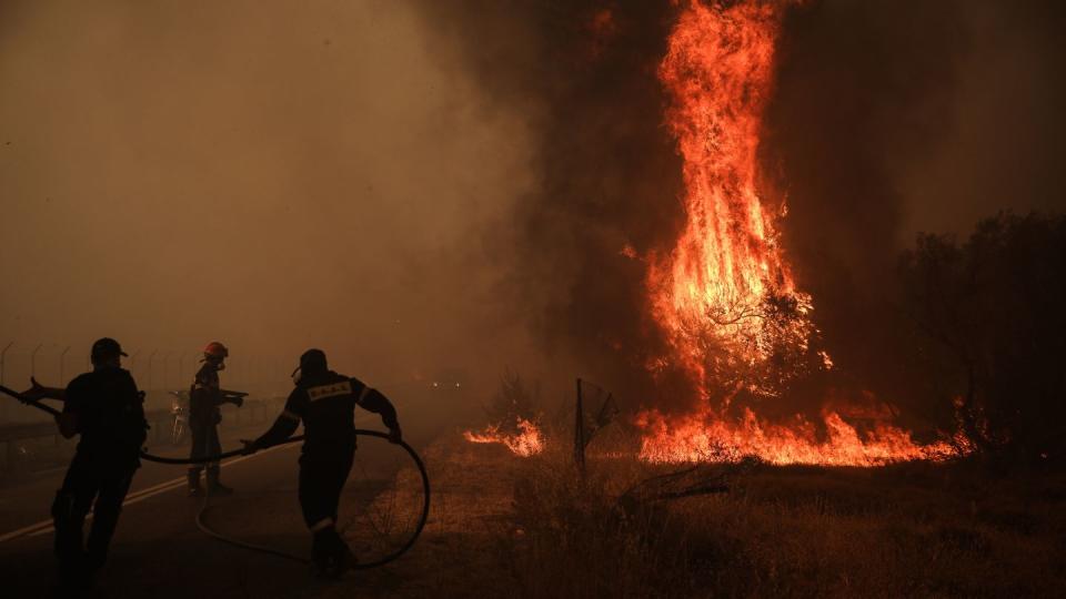 Feuerwehrleute versuchen einen Waldbrande zu löschen. Griechenland wird weiterhin von einer Dauerhitzewelle und Trockenheit heimgesucht, weshalb zahlreiche Waldbrände ausgebrochen sind.