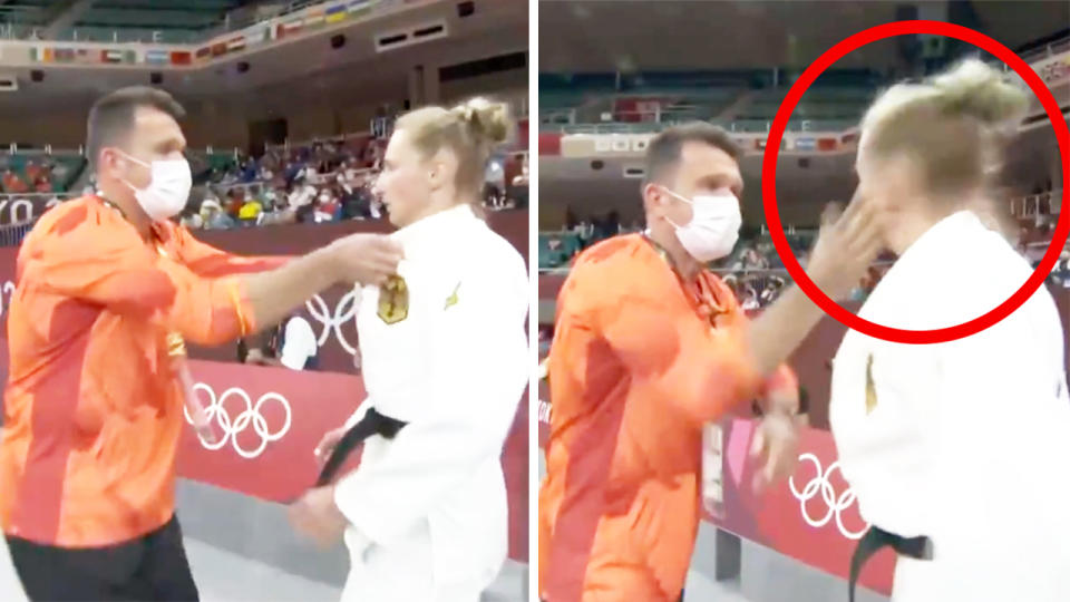 Martyna Trajdos (pictured right) being shaken and slapped by her coach in a fire-up routine at the Olympics.