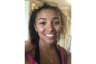 FILE - This undated file photo released by police in Auburn, Ala., shows Aniah Blanchard. An Alabama district attorney said Monday, Nov. 25, 2019, that authorities have "good reason" to believe human remains found in a wooded area belong to the missing stepdaughter, Blanchard, of UFC heavyweight fighter Walt Harris. (Auburn Police Division via AP, File)