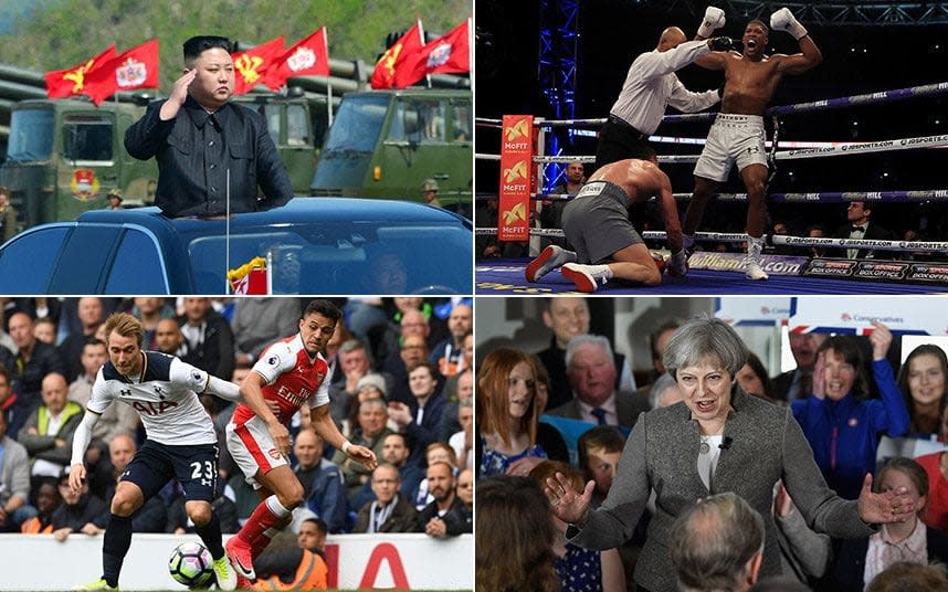 Clockwise from top left: Kim Jong-un, Joshua v Klitschko, Theresa May and Arsenal v Tottenham - Getty Images