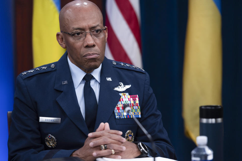 FILE - Chairman of the Joint Chiefs of Staff Air Force Gen. CQ Brown, participates in a virtual Ukraine Defense Contact Group (UDCG) meeting Nov. 22, 2023, at the Pentagon in Washington. Brown is visiting U.S. weapon factories in Oklahoma and Arkansas to address concerns over billions of dollars being sent overseas to Ukraine and other allies when there are so many needs at home. (AP Photo/Cliff Owen, File)