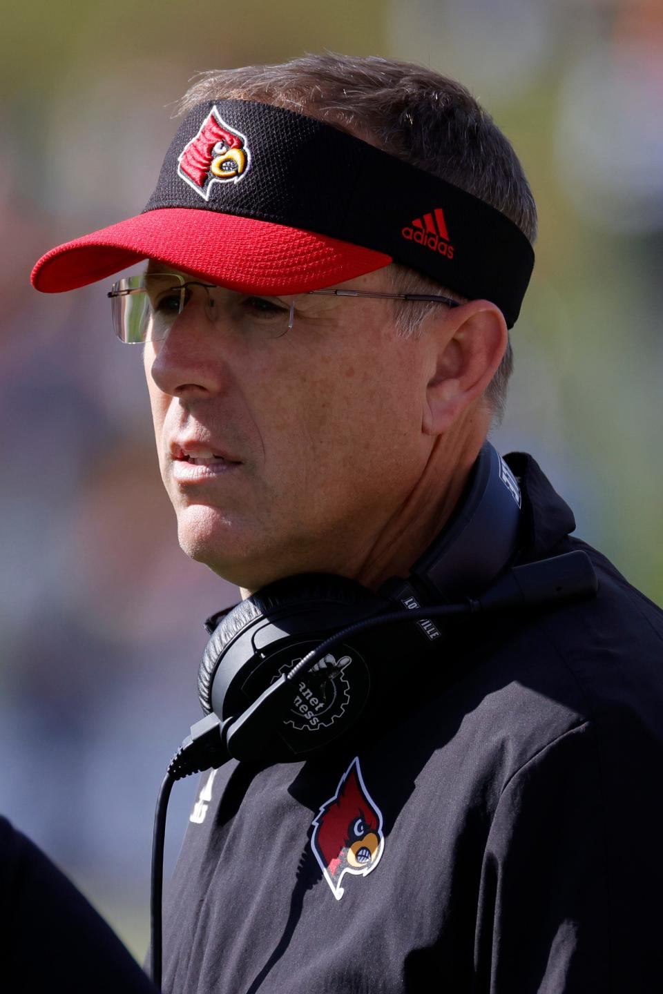 Oct 8, 2022; Charlottesville, Virginia, USA; Louisville Cardinals head coach Scott Satterfield stands on the sidelines against the Virginia Cavaliers during the fourth quarter at Scott Stadium. Mandatory Credit: Geoff Burke-USA TODAY Sports