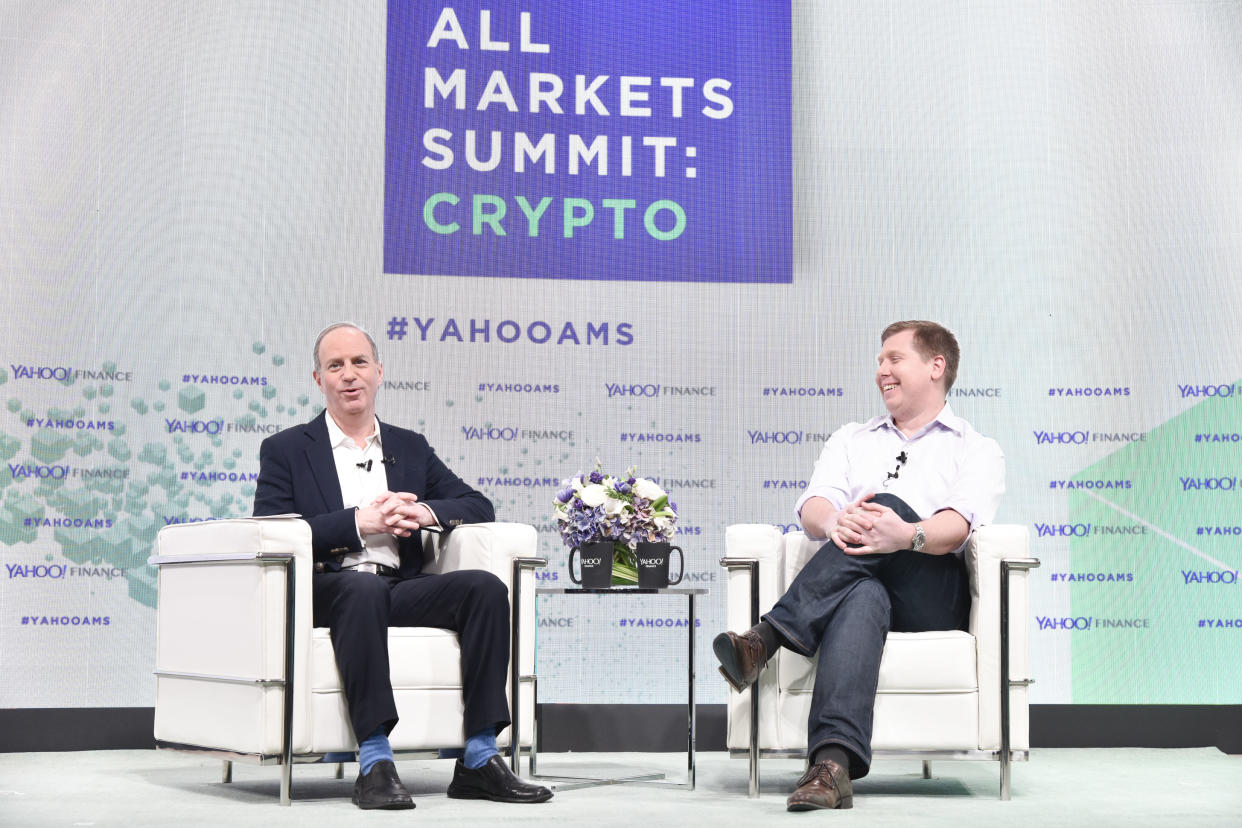 Barry Silbert (right) chatted with Yahoo Finance Editor in Chief Andy Serwer at the Yahoo Finance All Markets Summit: Crypto on February 7, 2018 in New York City. (Photo by Eugene Gologursky/Getty Images for Yahoo Finance)
