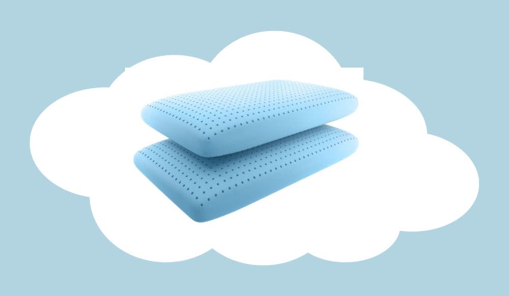 2 blue memory-foam Serta pillows, stacked.