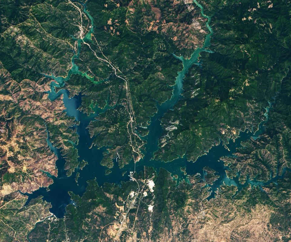 Shasta Lake in California, pictured in 2019 in more normal conditions. (NASA)