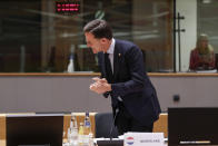 Dutch Prime Minister Mark Rutte smiles during a round table meeting at an EU summit in Brussels, Tuesday, July 21, 2020. Weary European Union leaders are expressing cautious optimism that a deal is in sight as they moved into their fifth day of wrangling over an unprecedented budget and coronavirus recovery fund. (Stephanie Lecocq, Pool Photo via AP)