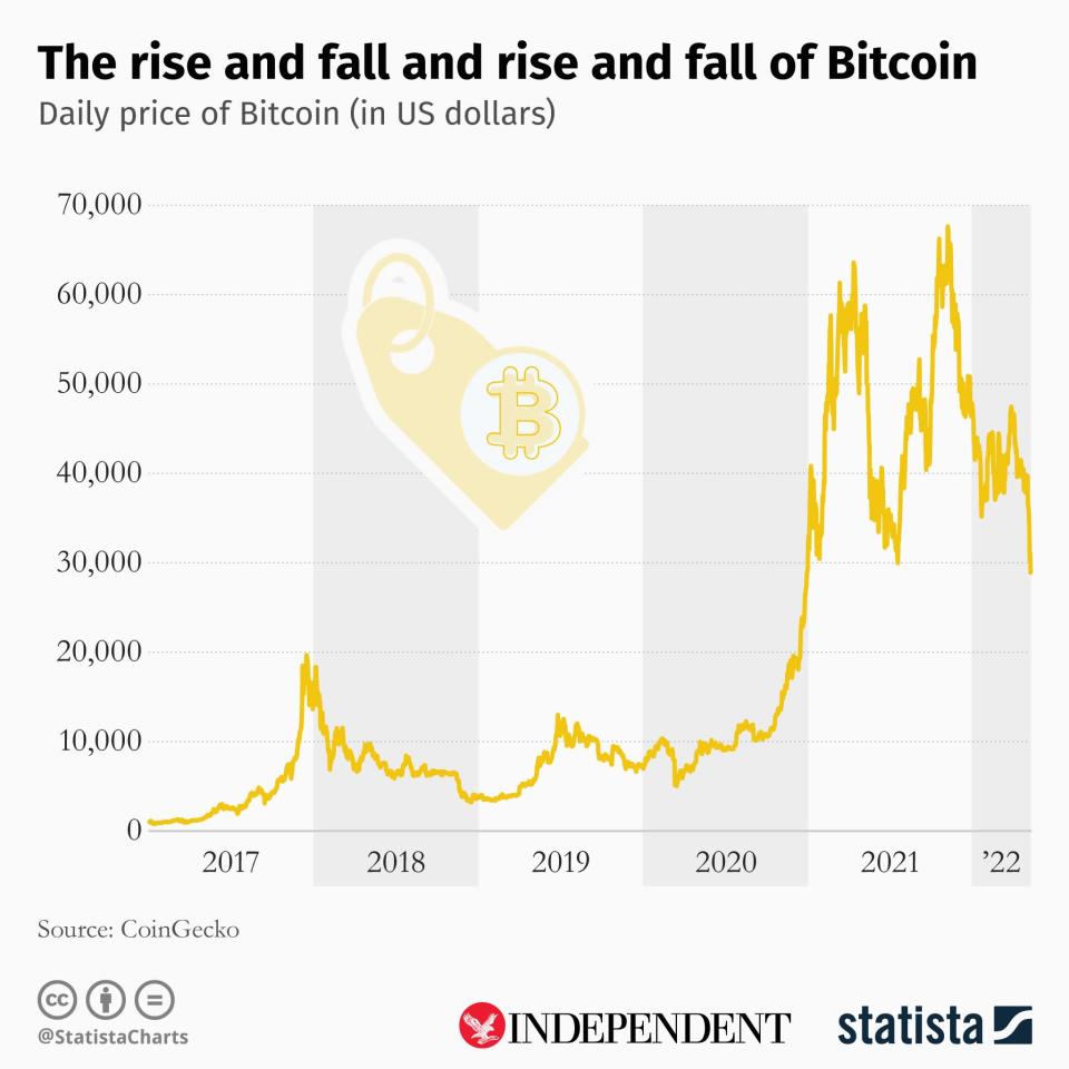 This chart, created by Statista for The Independent, shows the dramatic fluctuations in bitcoin price over the years (Statista/The Independent)