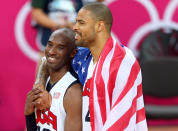 LONDON, ENGLAND - AUGUST 12: Kobe Bryant #10 of the United States and team mate Tyson Chandler #4 of the United States celebrate winning the Men's Basketball gold medal game between the United States and Spain on Day 16 of the London 2012 Olympics Games at North Greenwich Arena on August 12, 2012 in London, England. The United States won the match 107-100. (Photo by Streeter Lecka/Getty Images)