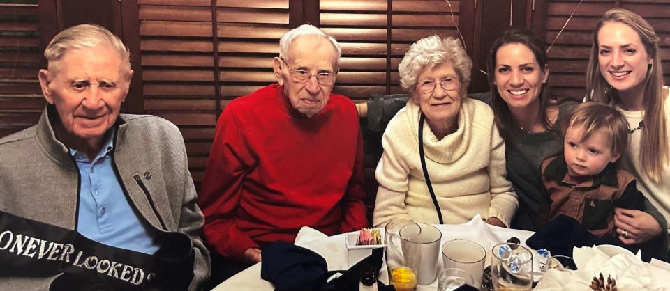 Left to right, Walter Pastor, age 100; Pat, 102, and Veronica, 99, Pastuszak; their granddaughters, Lauren Stevens and Danielle Pastuszak; and their great-grandson Cole Stevens.