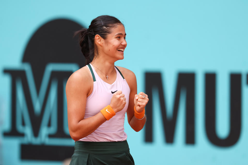 Emma Raducanu, pictured here celebrating her win over Marta Kostyuk at the Madrid Open.