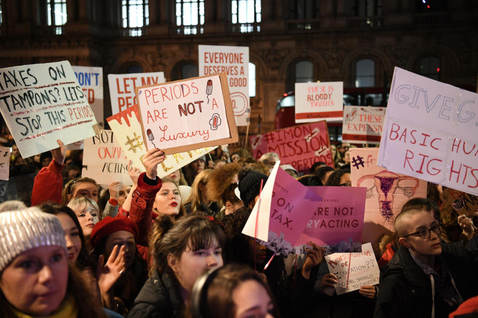 Women marched on Westminster on Wednesday night to campaign for free periods for young women [Photo: Getty]