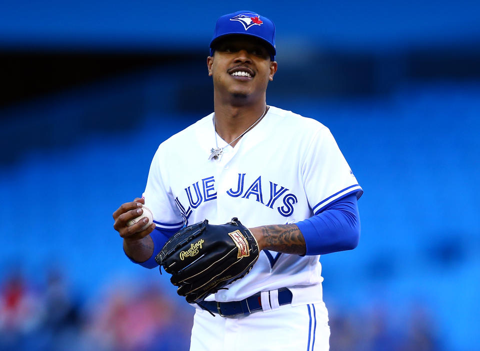 TORONTO, ON - JUNE 18:  Marcus Stroman #6 of the Toronto Blue Jays smiles in the direction of the dugout in the first inning during a MLB game against the Los Angeles Angels of Anaheim at Rogers Centre on June 18, 2019 in Toronto, Canada.  (Photo by Vaughn Ridley/Getty Images)