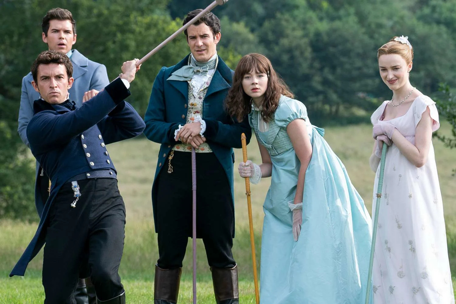 <p>Liam Daniel/Netflix</p> Luke Newton as Colin Bridgerton, Luke Thompson as Benedict Bridgerton, Jonathan Bailey as Anthony Bridgerton, Claudia Jessie as Eloise Bridgerton, Phoebe Dyvenor as Daphne Basset in season 2 of 