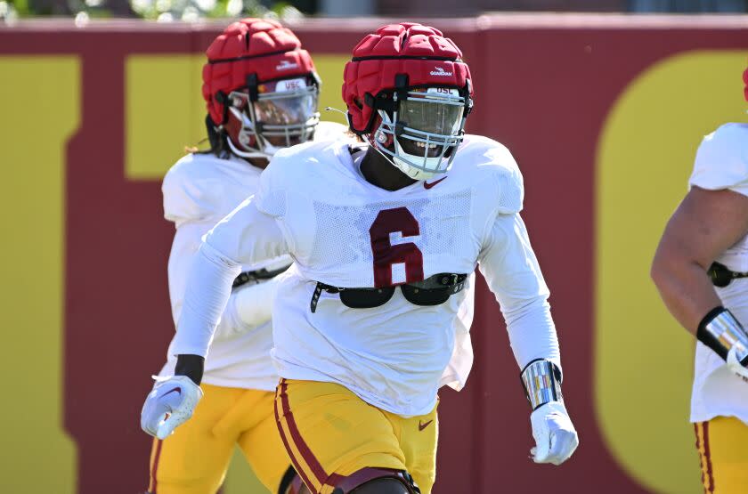 USC lineman Anthony Lucas at Trojans spring practice.