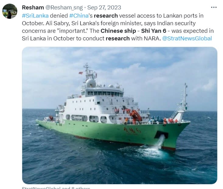 債務超過830億美元的斯里蘭卡，去年開始已經逐漸向印度靠攏，沒有因為中國是大債主之一就放任間諜船靠岸。   圖：翻攝自Resham推特