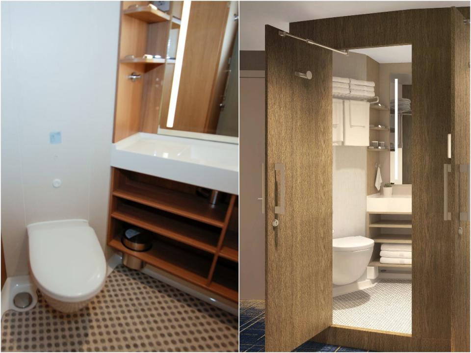 A collage of the rendering of the family infinite ocean view balcony stateroom's bathroom with what it looks like under construction.