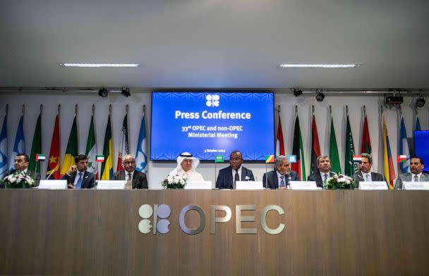 PHOTO: Representatives of OPEC member countries attend a press conference after the 45th Joint Ministerial Monitoring Committee and the 33rd OPEC and non-OPEC Ministerial Meeting in Vienna, Austria, on October 5, 2022. (Vladimir Simicek/AFP via Getty Images)