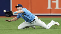 Tampa Bay Rays right fielder Luke Raley makes a sliding catch on a fly out by Chicago White Sox's Eloy Jimenez during the seventh inning of a baseball game Sunday, April 23, 2023, in St. Petersburg, Fla. (AP Photo/Chris O'Meara)