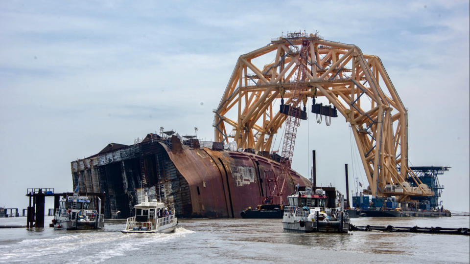 The Golden Ray capsized Sept. 8, 2019, in St. Simons Sound after departing from the Port of Brunswick, Georgia. (Photo: St. Simons Sound Incident Response)