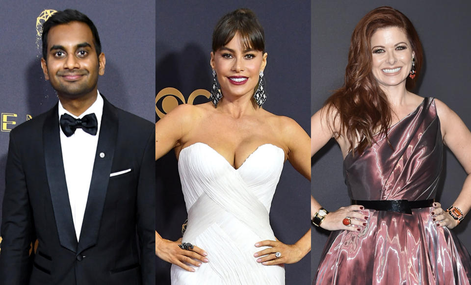Aziz Ansari, Sofía Vergara, and Debra Messing, pictured at the 2017 Emmys, grabbed a bite or called it a night after the after-parties. (Photo: Getty Images)