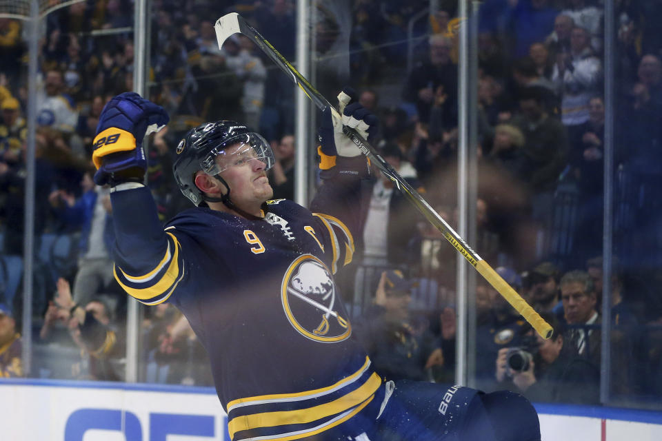 Buffalo Sabres forward Jack Eichel (9) celebrates his goal during the third period of an NHL hockey game against the Vegas Golden Knights, Tuesday, Jan. 14, 2020, in Buffalo, N.Y. (AP Photo/Jeffrey T. Barnes)