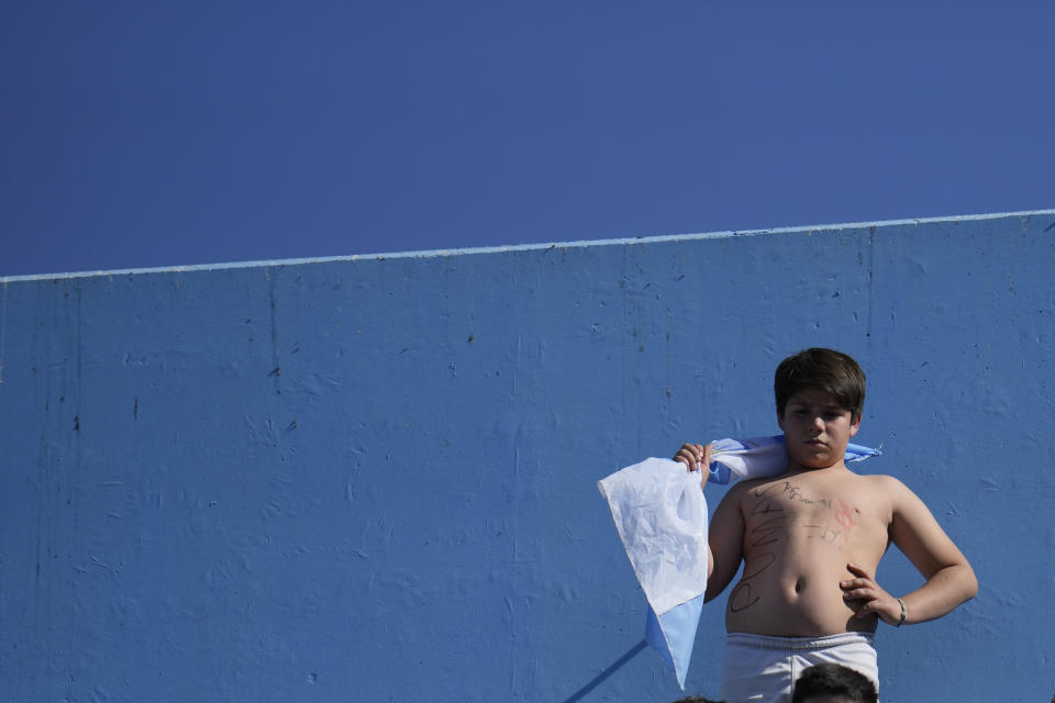 An Argentina's Los Pumas fan waits for the start of a Rugby Championship match against Australia, at the Bicentenario stadium in San Juan, Argentina, Saturday, Aug. 13, 2022. Argentina went on to win the title. (AP Photo/Natacha Pisarenko)