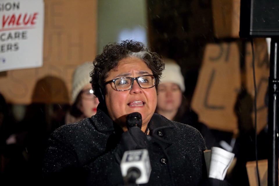 Ald. JoCasta Zamarripa speaks at a rally and protest of the closing of Ascension St. Francis Hospital's labor and delivery unit. A group of 30 to 40 people gathered outside one of the homes of Ascension Wisconsin CEO Bernie Sherry on Milwaukee's east side on Wednesday, Jan. 4, 2023.  Angela Peterson/Milwaukee Journal Sentinel