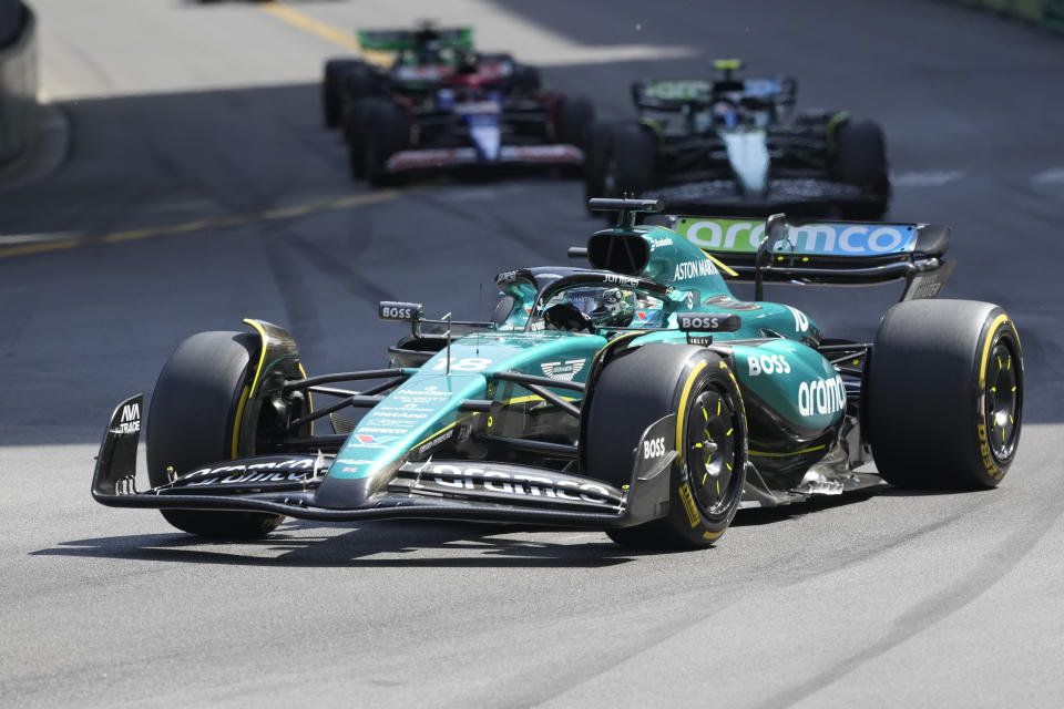 Canadian Aston Martin driver Lance Stroll drives his car during the Formula One Monaco Grand Prix race at Monaco Race Track in Monaco, Sunday, May 26, 2024. (AP Photo/Luca Bruno)