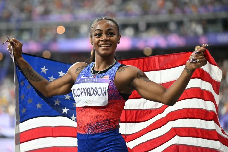 Sha’Carri Richardson pictured moments after finishing second in the women’s 100-meter final at the Paris 2024 Olympics (AFP via Getty Images)