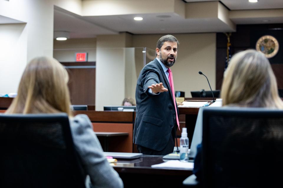 Charlie Adelson's defense attorney Daniel Rashbaum gestures to the prosecutors during his statement during his client's bond hearing Friday, Sept. 9, 2022. Adelson is accused of financing and orchestrating the murder of Florida State law professor Dan Markel and was denied bond and will remain in jail.