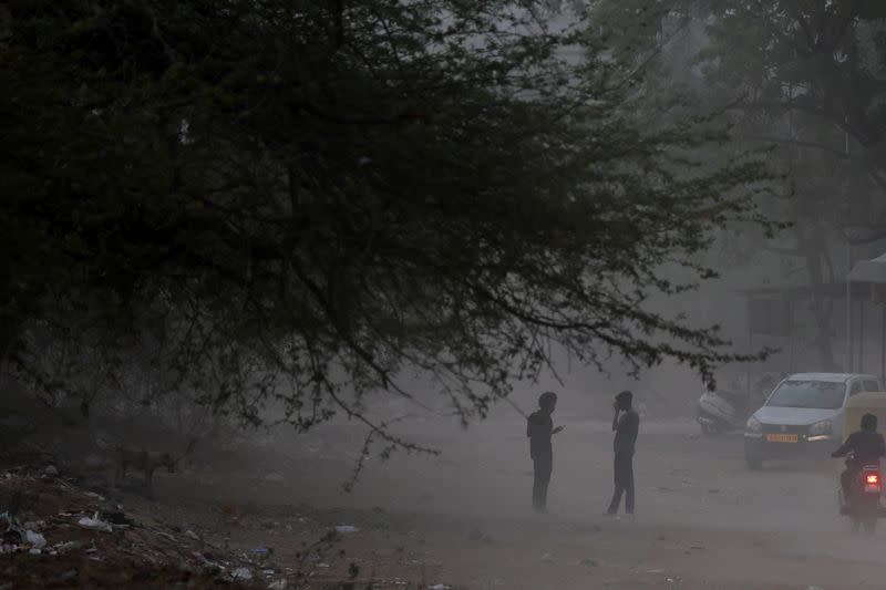 Boys take shelter under the tree during a dust storm in Ahmedabad