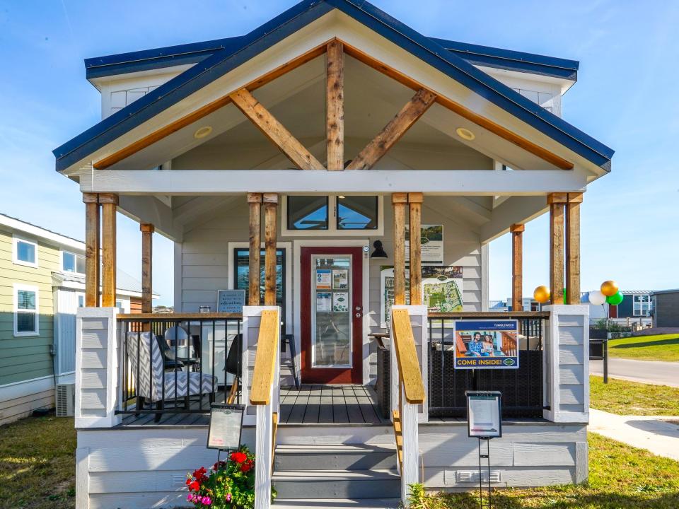 The tiny home village's community center on a clear day