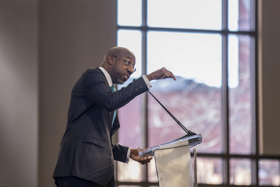 The Rev. Raphael G. Warnock speaks during the Martin Luther King, Jr. annual commemorative service at Ebenezer Baptist Church in Atlanta on Monday, Jan. 20, 2020. (Branden Camp/Atlanta Journal-Constitution via AP)