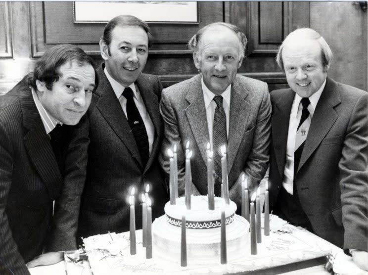 Cliff Morgan, David Coleman, Frank Bough and Tony Gubba celebrate the 21st birthday of Grandstand in 1979