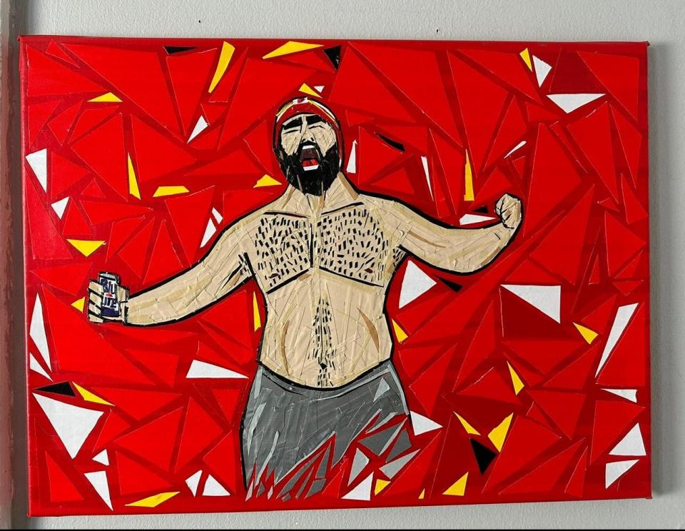 Detroit artist Colin McConnell created a duct tape rendition of an iconic photo of a shirtless Jason Kelce supporting his brother Travis Kelce at the Kansas City Chiefs vs. Buffalo Bills game on Jan. 21.