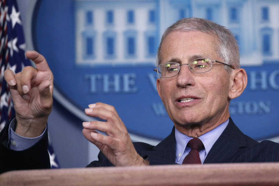 Dr. Anthony Fauci, director of the National Institute of Allergy and Infectious Diseases, speaks about the coronavirus in the James Brady Press Briefing Room of the White House, Tuesday, March 31, 2020, in Washington. (AP Photo/Alex Brandon)