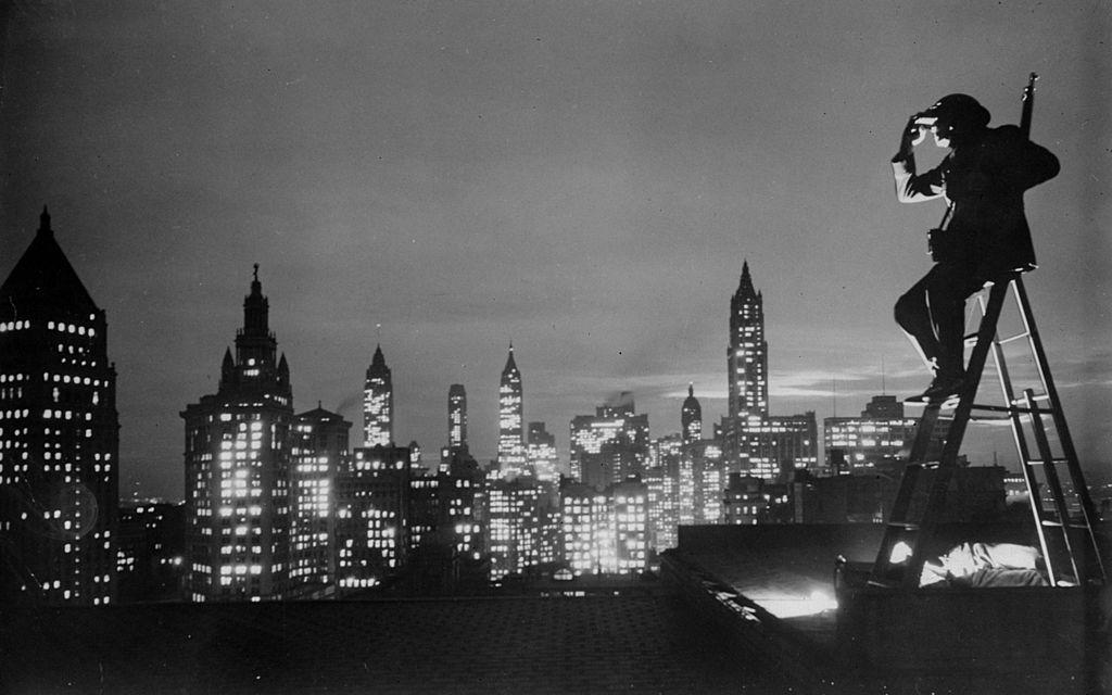 American Legion roof spotter Benjamin Franklin enjoys the New York Skyline