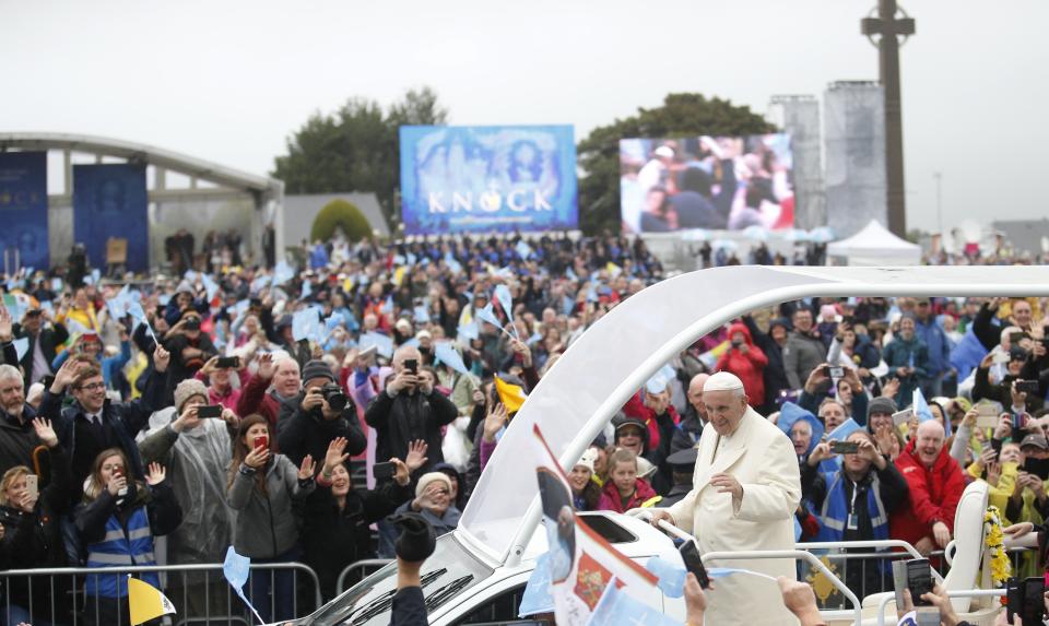 Pope Francis arrives at the Knock Shrine, in Knock, Ireland, Sunday, Aug. 26, 2018. Pope Francis is on a two-day visit to Ireland. (AP Photo/Peter Morrison)