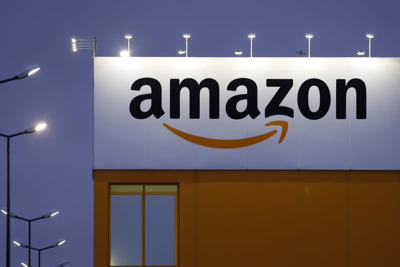 The logo of Amazon is seen at the company logistics center in Lauwin-Planque, northern France